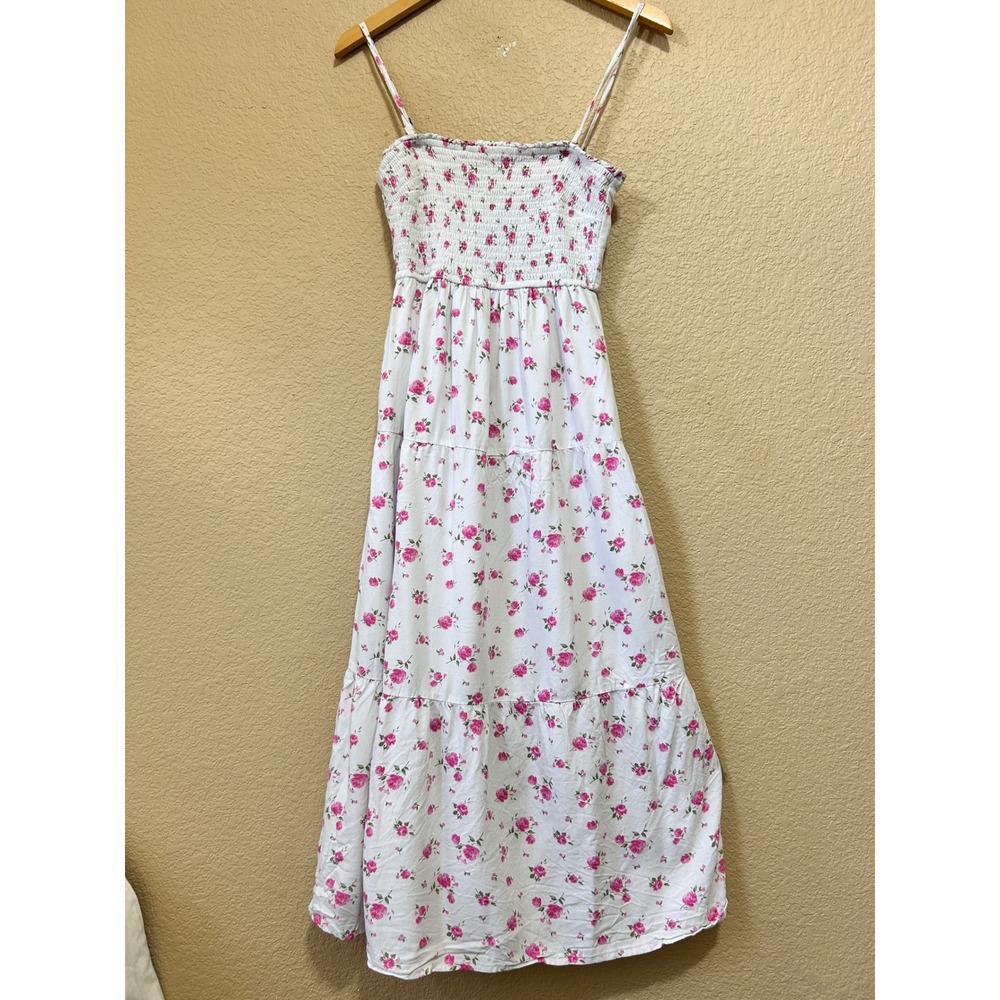 Hollister Small Floral Smocked Tiered Maxi Dress White Pink cami fancy rose